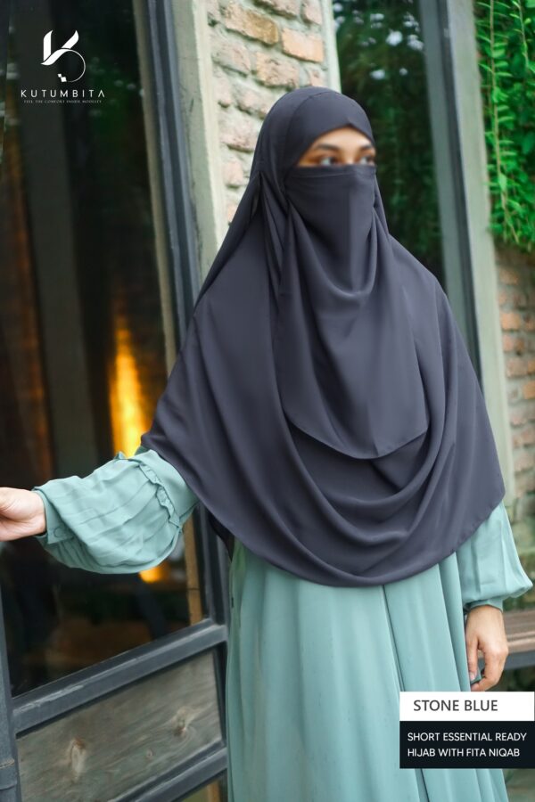 Short Essential Ready Hijab With Fita Niqab - Stone Blue