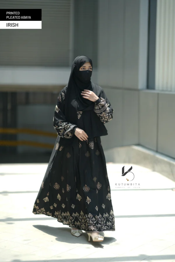 Printed Pleated Abaya  - Irish